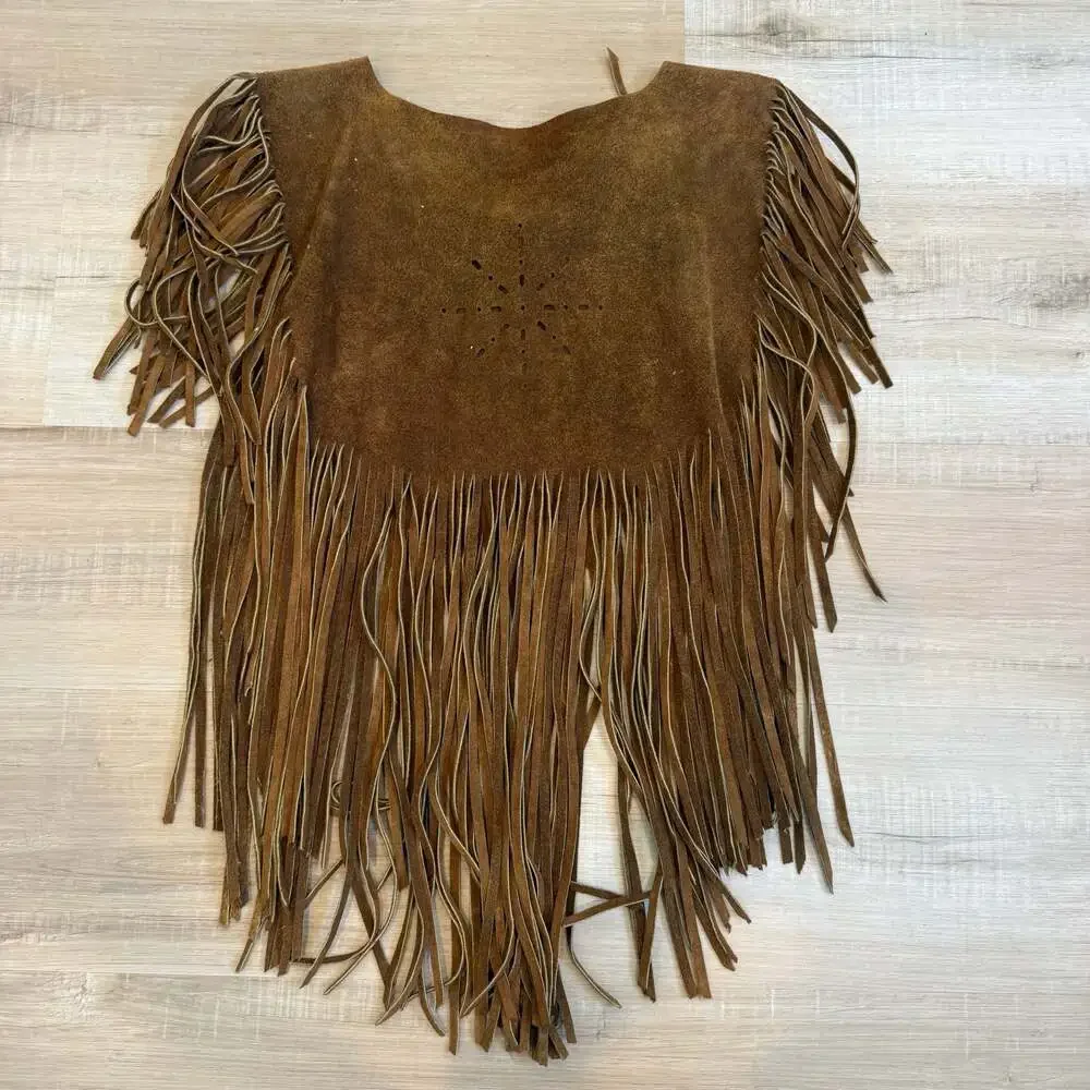 Vintage Brown Suede Leather Fringe Western Cowgirl Poncho Cape - Picture 6 of 7